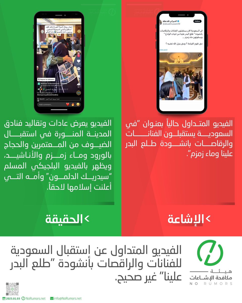 No_Rumors's tweet photo. الفيديو المتداول مجددًا عن استقبال السعودية للفنانات والراقصات بأنشودة "طلع البدر علينا" غير صحيح؛ اذ أنه يعرض عادات فنادق المدينة المنورة في استقبال الضيوف من المعتمرين والحجاج بالورود وماء زمزم والأناشيد, ويظهر بالفيديو البلجيكي المسلم "سيدريك الدلمون" وأمه التي أعلنت إسلامها. https://t.co/3bwGI37Uvp