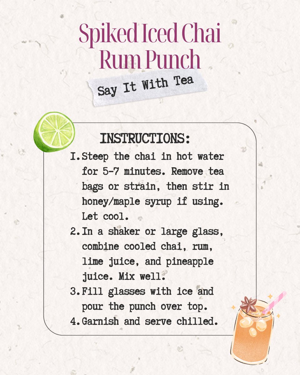 CanadaTea's tweet photo. Did you know there is a #NationalRumDay?ย
Well, it's today! Celebrate by sitting outside and relax this evening with our Spiked Iced Chai Rum Punch. The chai spices pair well with the sweet rum. Cheers!
#BrewCrew #SayItWithTea #mocktail #cocktail #teainfused https://t.co/LEBvlOBgLd