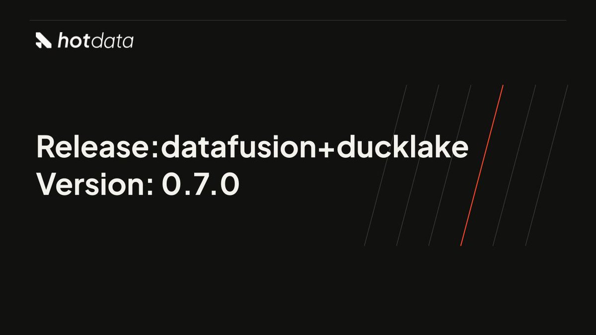 hotdata_dev's tweet photo. We've released major updates to datafusion-ducklake. 

• Time travel by snapshot or timestamp
• Partition-aware writes and updates
• Atomic multi-file commits
• Improved CDC support for renamed and nested columns 
• SORTED BY for writes, updates, and compaction

Check it out at:

https://t.co/My253GhLA7