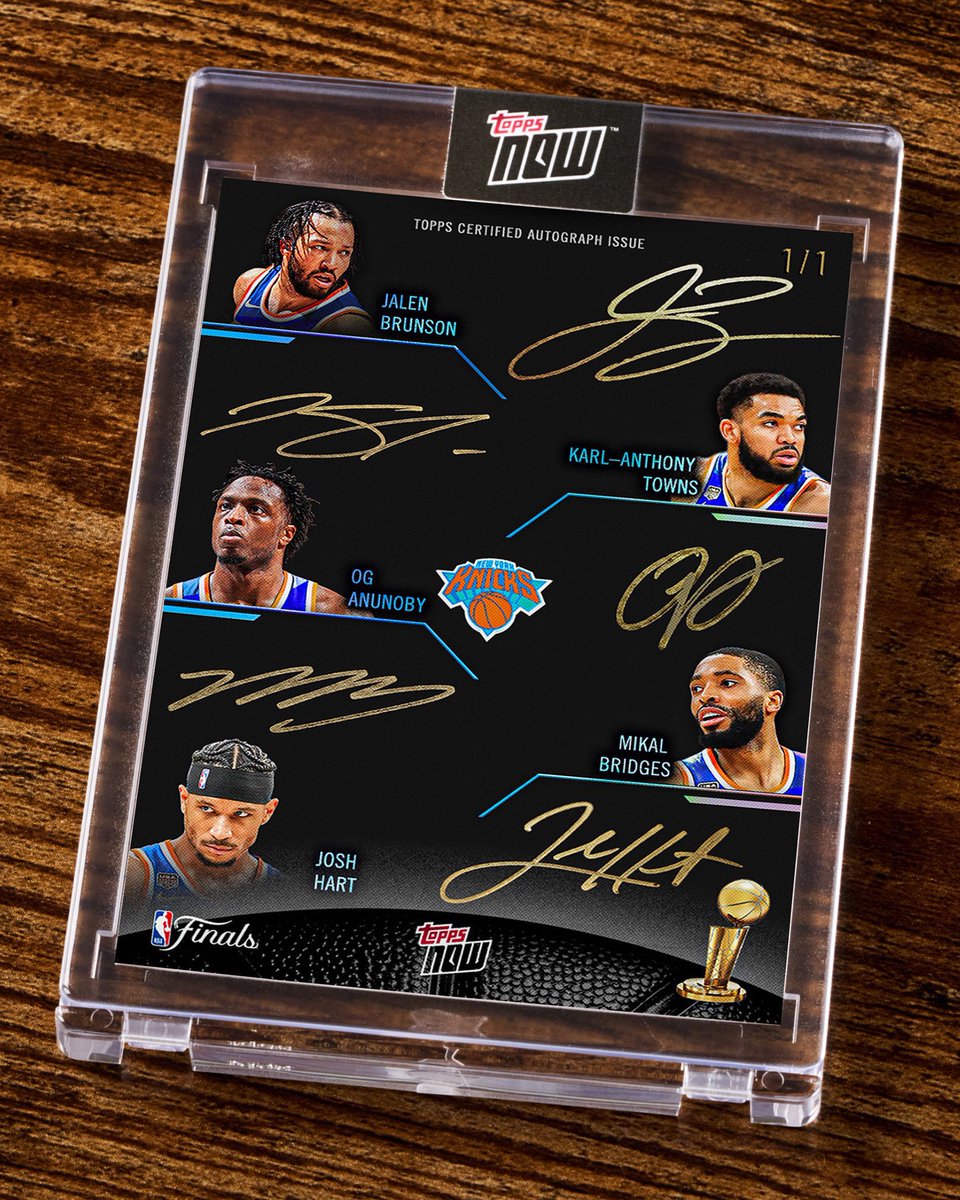 Topps's tweet photo. BREAKING: The redemption for the 1-of-1 New York Knicks Championship QUINTUPLE AUTOGRAPH has finally surfaced 🤯

(📸 bennybigscoopsportscards/IG) https://t.co/aePhHcbD2d