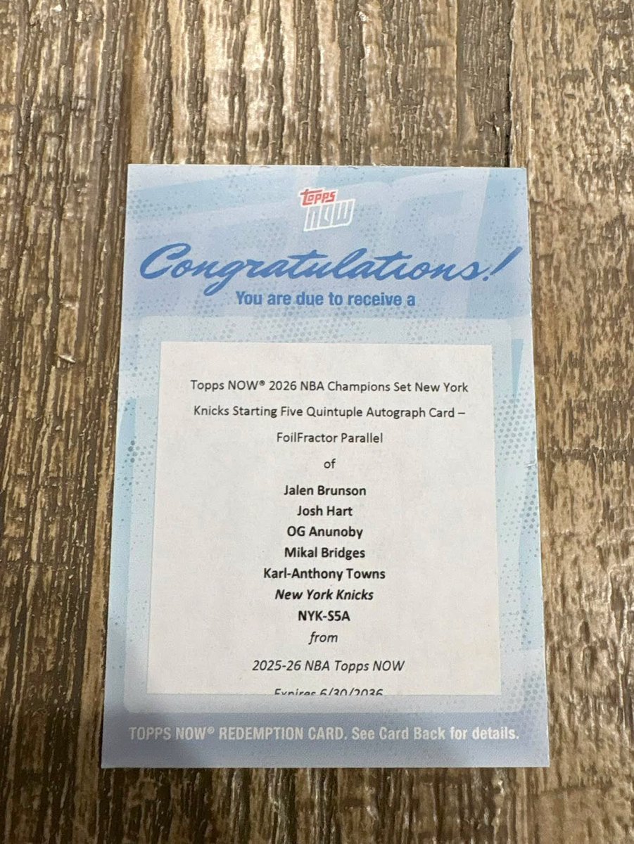 Topps's tweet photo. BREAKING: The redemption for the 1-of-1 New York Knicks Championship QUINTUPLE AUTOGRAPH has finally surfaced 🤯

(📸 bennybigscoopsportscards/IG) https://t.co/aePhHcbD2d