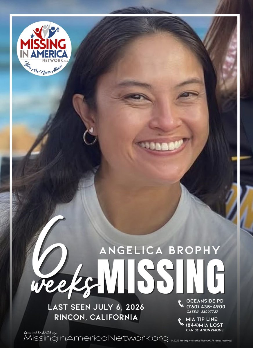 missingNamerica's tweet photo. 🚨 SIX WEEKS MISSING: ANGELICA BROPHY 🚨

Six weeks.

Six weeks without answers. Six weeks of wondering. Six weeks of Angelica’s family desperately wanting to know where she is and what happened to her.

Angelica Brophy has been missing since July 6, 2026. She was last known to be at Palomar Mountain State Park near Doane Pond. Her Apple Watch last pinged near a trailhead just past her vehicle. Earlier that day, she was seen on security footage inside Harrah’s Casino in Rincon, California.

Somebody may have seen something.

Maybe you saw Angelica that day. Maybe you noticed a vehicle, a person, a backpack, or something unusual. Maybe you remember something that seemed insignificant at the time.

Please do not dismiss it because you think it isn't important. One small detail could help provide investigators with information they need.

Angelica is somewhere, and her family deserves answers.

Please help us keep Angelica’s face and case in the spotlight. Share this flyer far beyond California. Share it in hiking groups, travel groups, community pages, missing persons groups, and with anyone who may have been in or around the area on July 6.

❤️ PLEASE SHARE. SHARE. SHARE.

If you have any information, contact:

Oceanside Police Department
📞 760-435-4900
Police Report #26007727

Missing In America Network Anonymous Tip Line
📞 1-844-MIA-LOST (1-844-642-5678)
Tips can be anonymous.

Additional information: https://t.co/bGMmkQW6am

Even if you have shared Angelica before, please share her again today. Six weeks is too long without answers.

Care, Share, Be Aware.
You Are Never Alone.

#AngelicaBrophy #FindAngelicaBrophy #MissingPerson #MissingInAmerica #MissingInCalifornia #CaliforniaMissing #PalomarMountain #PalomarMountainStatePark #DoanePond #RinconCalifornia