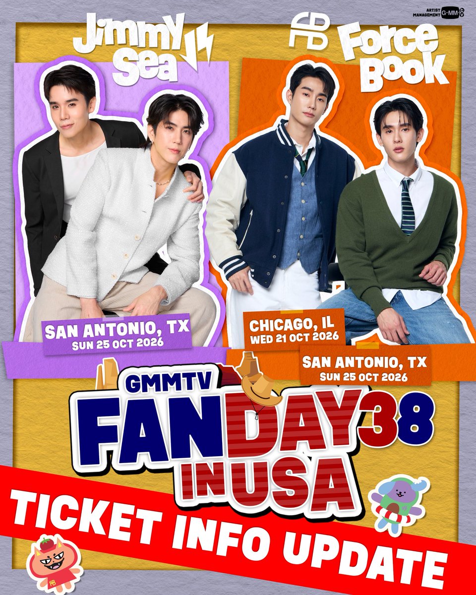 GMMTV's tweet photo. 🚨 TICKET SALE UPDATE! 🚨

Mark your calendars and set your alarms! The new ticket sale date is locked in. ⏰
🗓New sale date :  26 AUG, 2026
 🕙 10:00 AM (CST) — GMMTV FANDAY 38 IN CHICAGO , IL : FORCE - BOOK
     via https://t.co/zeV3BFqtKZ
 🕚 11:00 AM (CST) — GMMTV FANDAY 38 IN SAN ANTONIO, TX : FORCE - BOOK
     via https://t.co/5E7dtepgGo
 🕛 12:00 PM (CST) — GMMTV FANDAY 38 IN SAN ANTONIO, TX : JIMMY - SEA
     via https://t.co/5E7dtepgGo
Get your fingers ready—good luck everyone! 🤞🔥