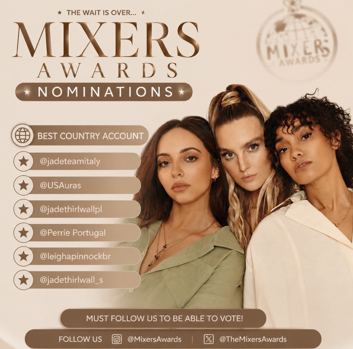 TheMixersAwards's tweet photo. 👑 BEST COUNTRY ACCOUNT 👑

• @jadeteamitaly 
• @USAuras 
• @jadethirlwalpl 
• @PerriePortugal 
• @LeighAPinnockBR 
• @jadethirlwall_s (IG) 

🗳️ HOW TO VOTE:
• Comment votes = 2 points 💥
• Multiple comments allowed 💋 
• Votes only count if you follow us! https://t.co/QwKl13dBaI