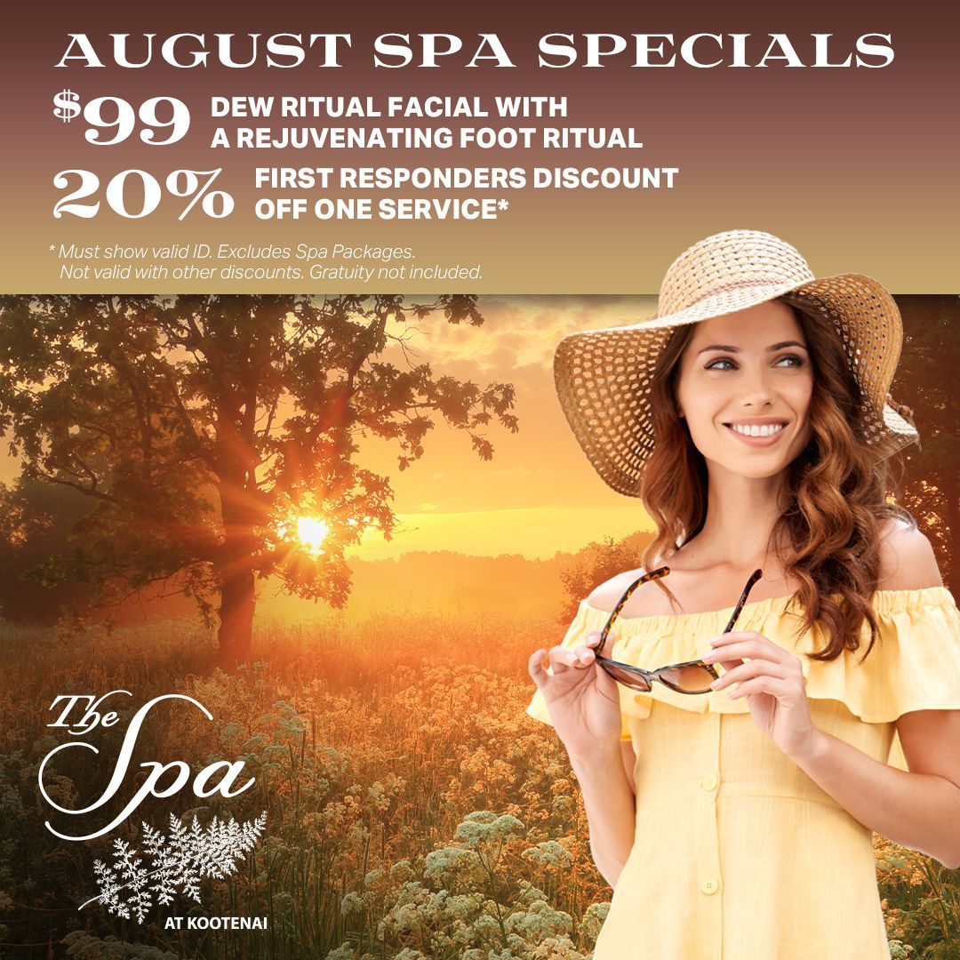 kootenaicasino's tweet photo. Our spa services will leave you rejuvenated and refreshed! 💆♀️ First responders can enjoy an amazing deal of %20 off any one service for the month of August, only at Kootenai Casino and Spa! ☺️ 🧘
#KootenaiRiverInnCasino #KRI #WinAtTheInn #Casino #UntamedJackpots https://t.co/HEt8F8nnSY