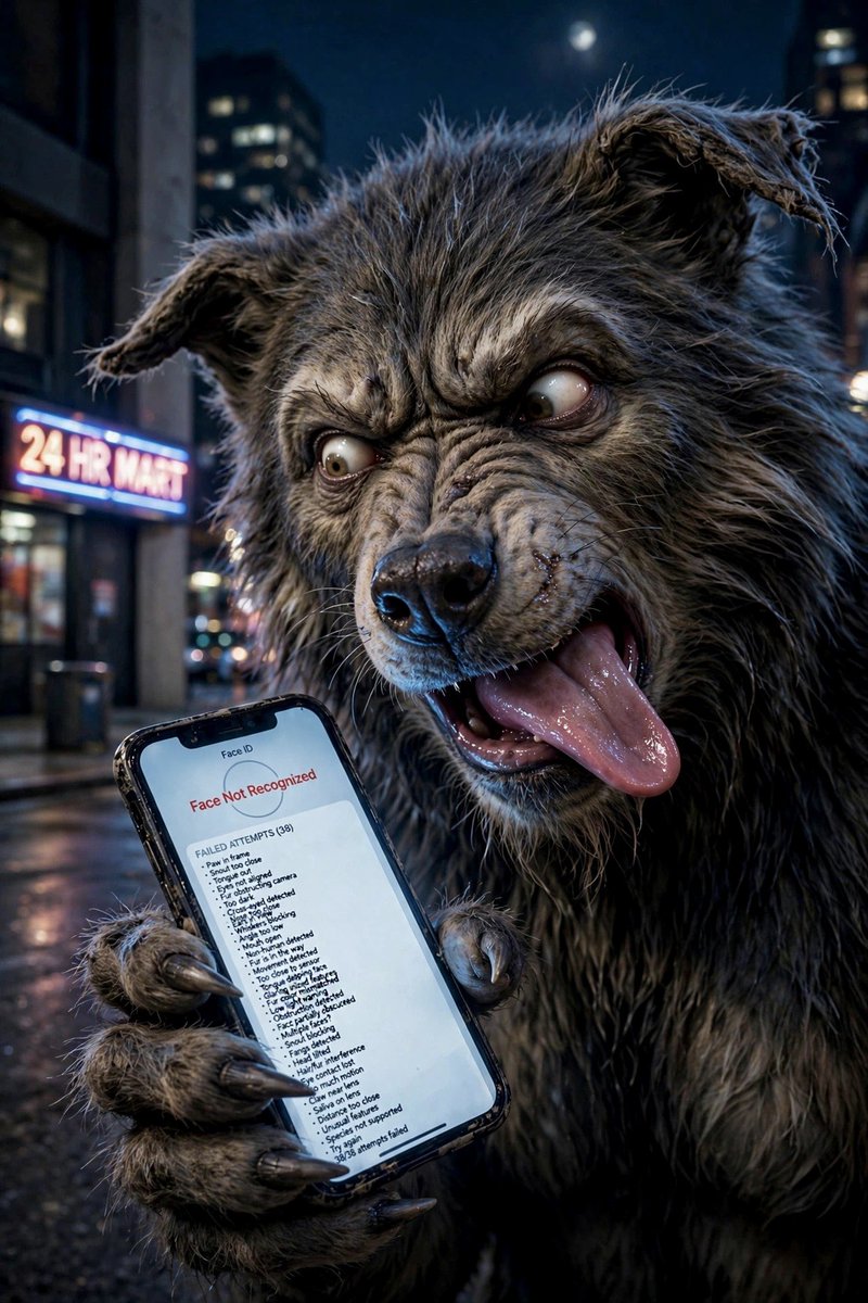 Fatcat2022's tweet photo. Gus Daily Challenge✨
Theme: Werewolf🐺 @Gus_Artman_AI #aiart #digitalart #FaceID
Face ID: Species not supported 💀🌕 ….Full moon broke my Face ID!! 😂😵💫 https://t.co/yzGMvwHiQJ