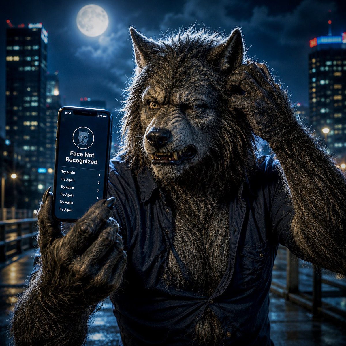 Fatcat2022's tweet photo. Gus Daily Challenge✨
Theme: Werewolf🐺 @Gus_Artman_AI #aiart #digitalart #FaceID
Face ID: Species not supported 💀🌕 ….Full moon broke my Face ID!! 😂😵💫 https://t.co/yzGMvwHiQJ
