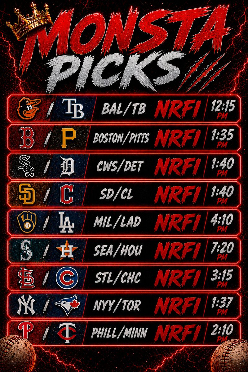 emonsta26's tweet photo. Here's my plays for NRFI/YRFI for today slate their listed from best to least sorry bout yesterday got caught up handling business let get this fkn money doe end da week on a great note https://t.co/MG1aZt6YeL