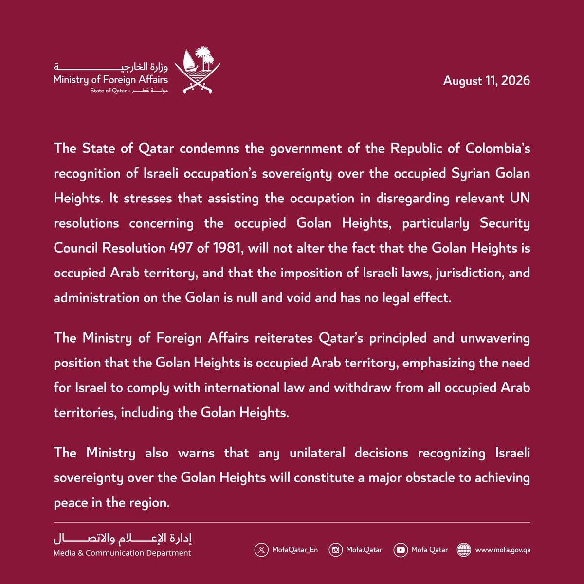 MorEdge_Insight's tweet photo. This is very important , so please do take the time to read all of it. 

I’ve seen several posts about the Qatari government condemnation of Colombia’s recognition of Israel’s sovereignty over the Golan Heights, both from various regular accounts as well as various OSINT accounts. And every single one failed to see the most glaring linguistic anomaly that is more important than most realize. 

Many people, including me, have stated that the Muslim world sees all the territory in the Middle East, but also many other lands in Europe, Asia and more, as Islamic land. Many Muslim Imams and scholars even take it one step further and claim Muslim entitlement to the entire world by decree of their prophet and Allah. 

The wars with Israel are ideological. Muslims see the State of Israel as land that belongs to Islam, not Palestinians. They see Jews as inferior and a people that must fully submit or die, though it’s reached a point where they now seek only the latter. To Islam it is simply unacceptable that Jews have any rights to self determination. Hence their hatred for Zionism. 

And they don’t see Palestinians as the indigenous people of the land. They simply see them as Muslims and more importantly, Arabs. The same goes for all Muslim states in the Levant. 

Read this official letter of condemnation from Qatar. The same letter was written by several other Arab states and the same anomaly appears. 

In the sixth and ninth line, they don’t refer to the Golan Heights as occupied Syrian territory. They refer to it instead as “occupied ARAB territory”. And then in the eleventh line they use the plural, demanding that Israel leave “ALL ARAB TERRITORIES”. 

This is a deliberate semantic shift that serves a number of intended purposes. It dissolves the specific Syrian claim into a broader pan-Arab (and by extension, civilizational) claim. It frames the territory not as a bilateral Syrian–Israeli dispute but as part of a collective Arab patrimony violated by an alien non Islamic presence. And it aligns the language with the wider ideological vocabulary used across much of the Muslim world when discussing any territory under non-Muslim control such as Palestine, Kashmir, etc.

Standard legal and diplomatic language for the Golan Heights, including UNSC Resolution 497 itself, which the statement cites, refers to it as Syrian territory under Israeli occupation. What they’re doing and have repeatedly done throughout the past three years, and the past century, is immediately and repeatedly replace the national qualifier with the ethno-religious one. 

This is the entire driver of the hatred of Muslims for Israel and the Jewish people, but also for Christians, Hindus, Buddhists and every other non Muslim demographic. This is the same driver that led the Islamic revolution against the Zoroastrians of ancient Persia, and the Jews who lived in Saudi Arabia 1440 years ago and earlier. 

And importantly, this is the same driver for the Islamic jihad being waged against the entire Western world. This is them telling you what they’re really after again and again. And unless it’s stopped, they will never stop. 

The war in Gaza has nothing to do with Palestinians. It has everything to do with Islam’s colonial and imperialist claims to rule over all the land and to deny any non Muslim people to have the rights of self determination.