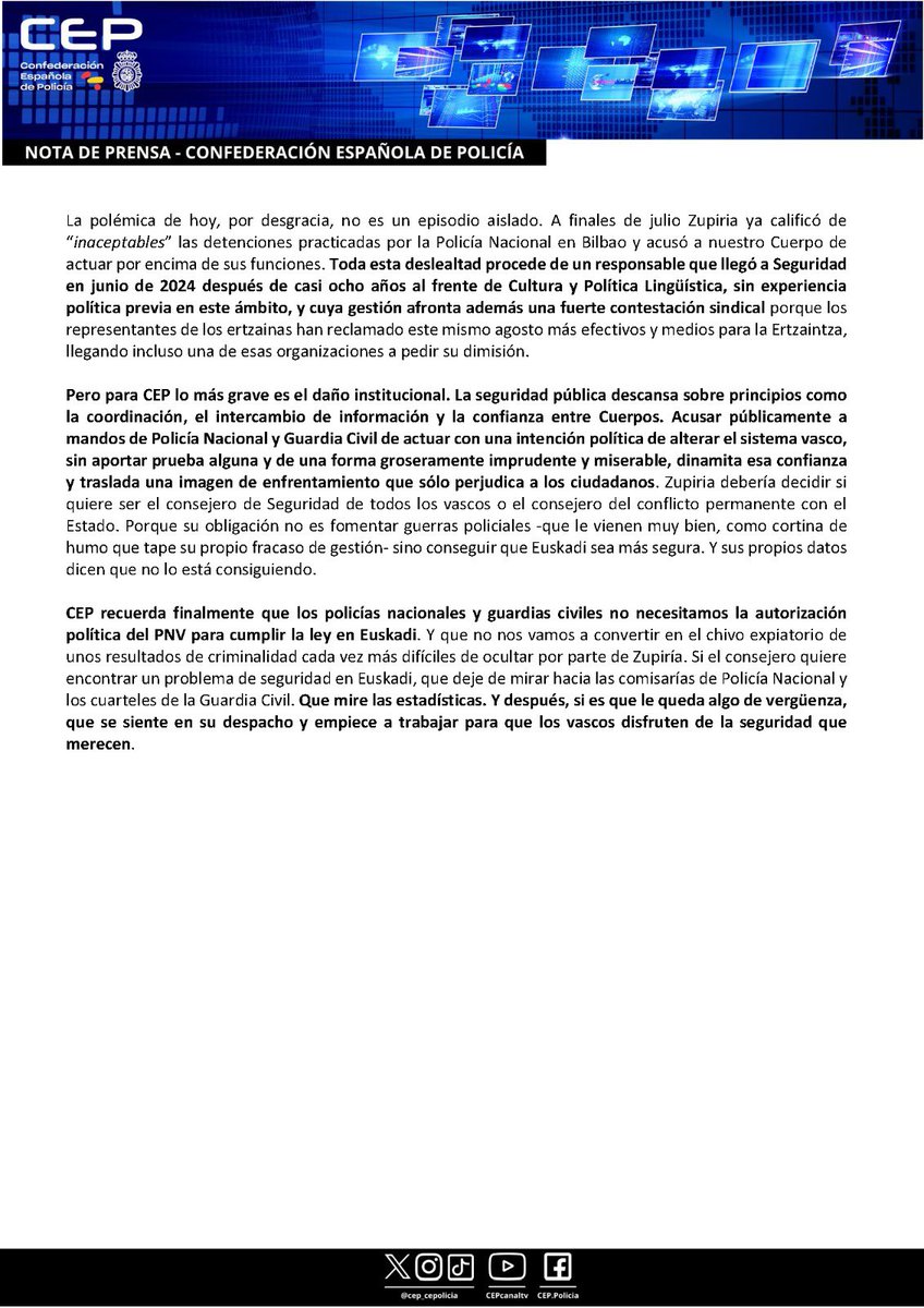 cep_cepolicia's tweet photo. 🚨 El consejero vasco de Seguridad (aunque cada vez menos…) vuelve a atacar a los policías y guardias civiles. Con su obsesión pretende tapar su fracaso en la protección de los ciudadanos vascos. Eche un vistazo a la estadística y póngase a trabajar.

🗞️ https://t.co/xQ1pOaXxRE https://t.co/U9c56GAubk
