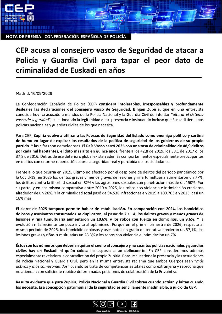 cep_cepolicia's tweet photo. 🚨 El consejero vasco de Seguridad (aunque cada vez menos…) vuelve a atacar a los policías y guardias civiles. Con su obsesión pretende tapar su fracaso en la protección de los ciudadanos vascos. Eche un vistazo a la estadística y póngase a trabajar.

🗞️ https://t.co/xQ1pOaXxRE https://t.co/U9c56GAubk