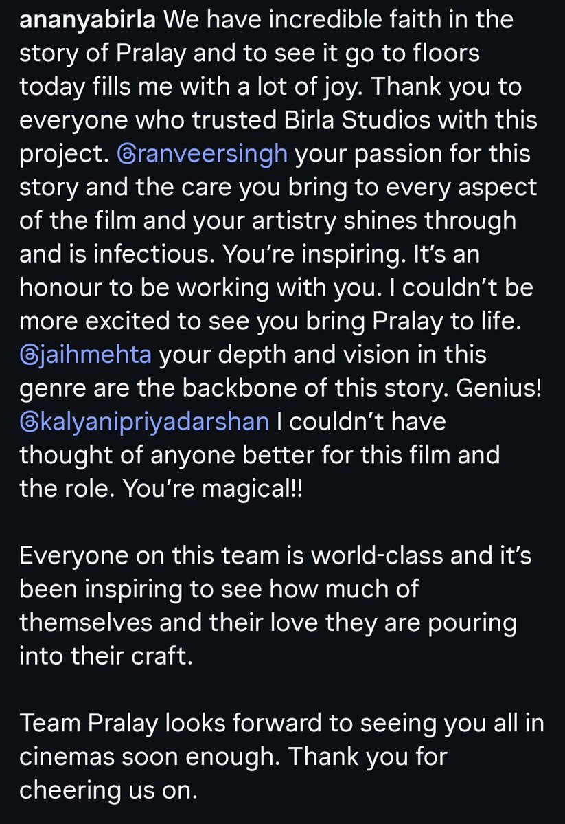BinteDiil's tweet photo. Ananya Birla via her latest insta post- "@RanveerOfficial your passion for this story &amp; the care you bring to every aspect of the film and your artistry shines through &amp; is infectious. You're inspiring. It's an honour to be working with you."
In #RanveerSingh we trust 🔥
#Pralay https://t.co/uiLLTl42tu