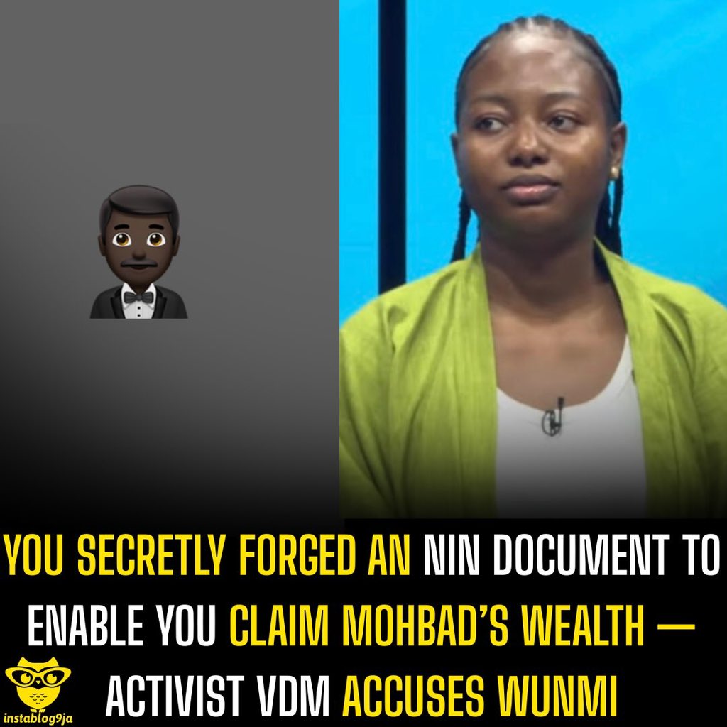 instablog9ja's tweet photo. You Secretly Forged an NIN document to enable you claim Mohbad’s wealth — Activist VDM Accuses Wunmi

Activist VeryDarkMan has accused Wunmi Aloba, the widow of late singer Mohbad, of allegedly forging an NIN document in connection with claims over her late husband’s assets.

In a video, VeryDarkMan questioned an alleged discrepancy between the name on Wunmi’s international passport and the name initially said to be on her NIN.

He claimed that Wunmi renewed her international passport in 2024, about one year and two months after Mohbad’s de@th, with the document reportedly valid until 2034. According to him, the passport bears the name “Adebanjo Cynthia Omowumi.”

VeryDarkMan then questioned why, according to the information he was initially given, her NIN was said to carry “Aloba Cynthia Omowumi.”

“The name on the international passport and the information on your international passport must tally with the information on your NIN. So how come on your NIN, it is showing Aloba Cynthia Omowumi? But on your international passport, it is saying Adebanjo Cynthia Omowumi? Something is wrong,” he said.

He said the matter was subsequently taken to NIN authorities for verification, where he claimed the record showed “Cynthia Omowumi Adebanjo.”

However, VeryDarkMan alleged that Wunmi had secretly forged an NIN document to enable her to claim Mohbad’s wealth.

“Therefore, in order for Wumi to claim Mohbad’s wealth, Wumi secretly went to go and forge a document. This is a very big crime. This girl went to go and forge an NIN,” he alleged.

The activist also linked the issue to unanswered questions surrounding Mohbad’s de@th, questioning why his brother, Adura, allegedly failed to provide what he considered credible information about the circumstances surrounding the singer’s de@th.

“Could it be that this is the reason why Adura refused to give the credible information as to what led to the de@th of her brother? Could it be that this is why Wumi refused to speak in the earlier stage?” he asked.