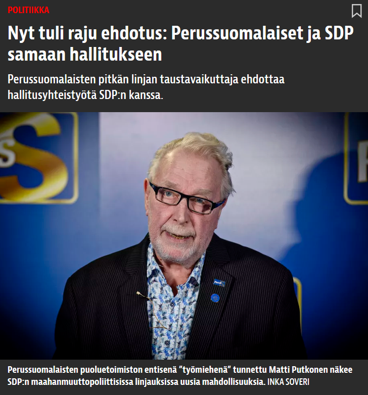TereSammallahti's tweet photo. "Hän [Putkonen] arvioi, että perussuomalaiset löytäisivät helposti SDP:n kanssa yhteisen sävelen esimerkiksi sosiaalipolitiikasta ja työmarkkina-asioista."

Tätä minäkin pelkään. Jos demarit ja PS löytävät toisensa SDP:n maahanmuuttolinjan mahdollisesti kääntyessä, voidaan työn veroalet, sosiaalivaltion keventäminen, työmarkkinauudistukset ja vaikkapa perintöverouudistus todennäköisimmin unohtaa.

Moni ei tunnu muistavan, mutta PS:n ydinäänestäjäkunta on kuitenkin pääosin entisiä demareita, kepulaisia sekä jopa niitä lihaa syöviä teollisuusvassareita, jotka uuden ajan vasemmistoliitto on näyttävästi hylännyt. Näille tahoille vanhat rälssirakenteet, siltarummut, laajat tulonsiirrot, korkea verotus, tiukka työmarkkinasääntely ja rakkaus mahdollisimman laajaa "hyvinvointivaltiota" kohtaan kuuluvat yhtä keskeisesti aatteeseen kuin niin valitettavan monella muullakin suomalaisella.

En silti toivo PS:n irtisanoutuvan mistään puolueesta, toisin kuin eräät PS-kannattajat ovat viime viikot vaahto suupielestä roiskuen täällä X:ssä meiltä kokoomuslaisilta vaatineet. Toivon, että niin PS:n kuin kaikkien muidenkin puolueiden mahdollinen talousoikeistolainen siipi vahvistaa asemaansa ja jatkaa puolueensa viemistä oikeammalle.
https://t.co/SjM0JXMxzh