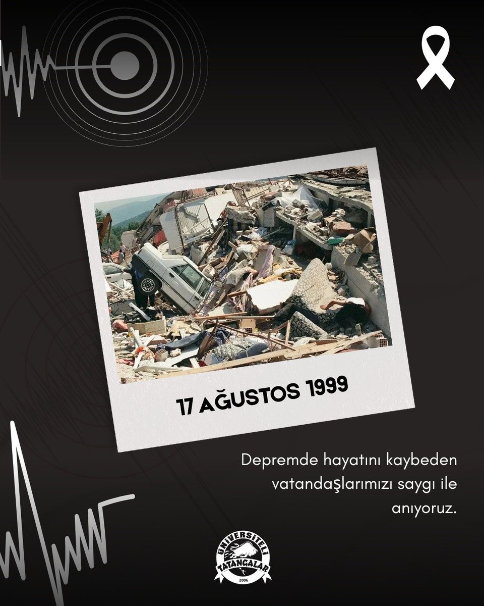 TatangalarUni's tweet photo. HİÇ UNUTMADIK!

17 Ağustos 1999'da yaşanan deprem felaketi ile binlerce vatandaşımızı kaybettik, şehrimiz büyük acılarla karşılaştı. Üstünden yıllar geçse de hiç unutmadık! Hayatını kaybedenleri rahmetle anıyor, bir daha böyle acıların yaşanmamasını diliyoruz. https://t.co/sGvyyFpcr3
