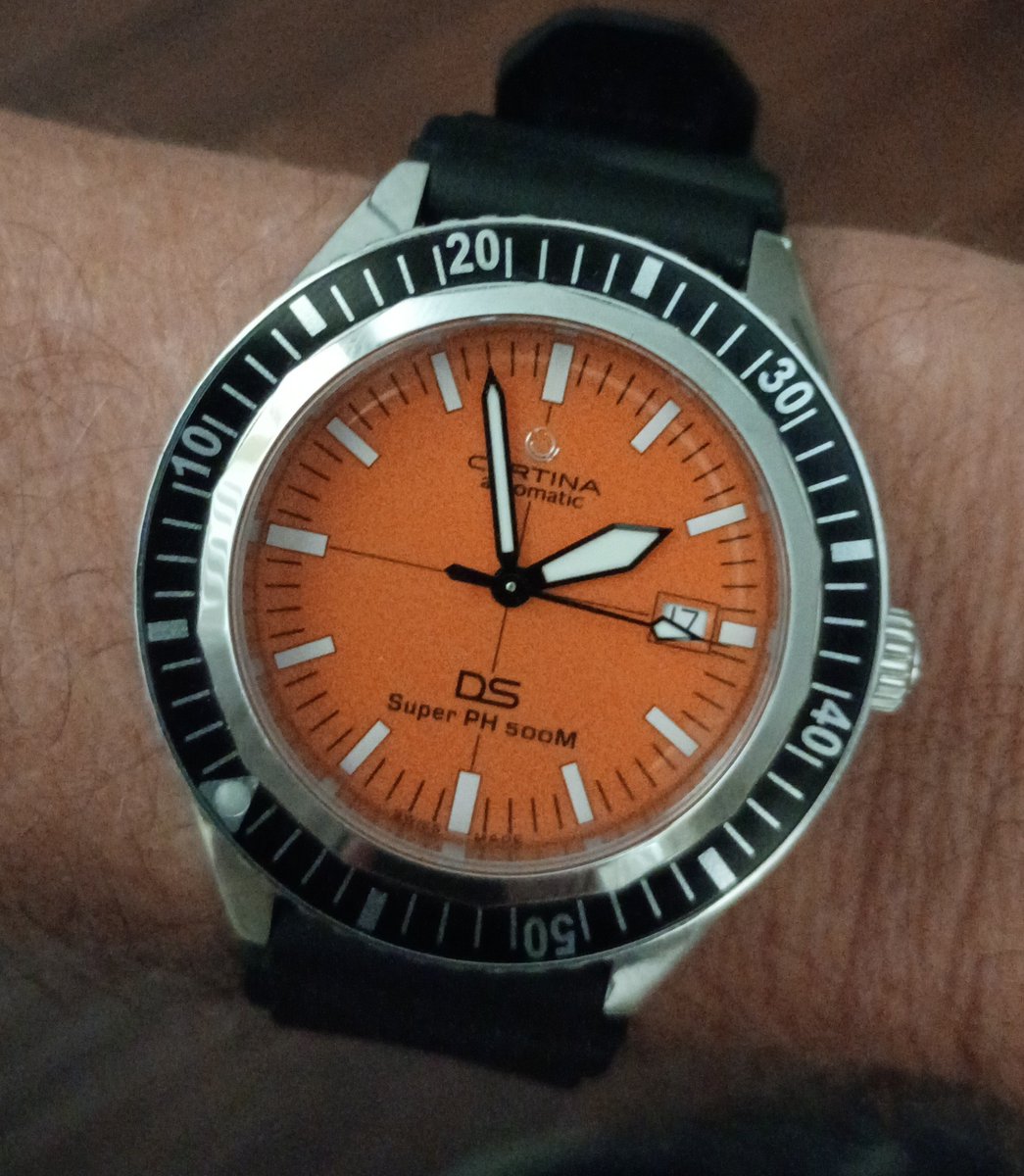 Knightbuying's tweet photo. Swiss dive watch initial impressions, Certina DS Super PH 500M.

When someone said you don't pick an orange dial, it picks you, they were right. 

I've only had this watch a couple months, but liking it more and more. 

Does anyone appreciate a watch like this? Haters welcome. https://t.co/H9wryeI4ln