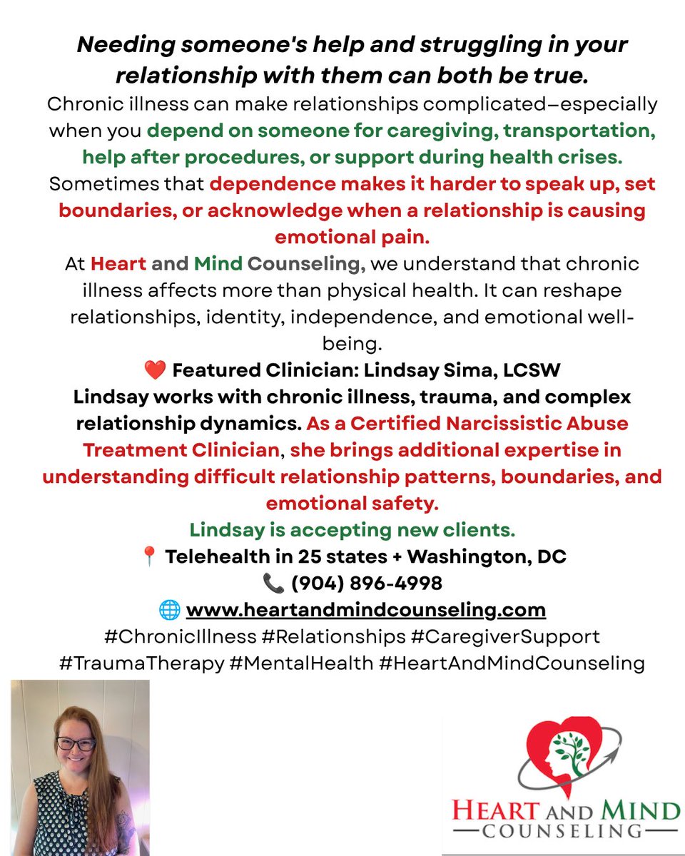 HeartandMindCo1's tweet photo. Chronic illness can complicate relationships—especially when you depend on someone for care.

Needing their help and struggling in the relationship can both be true.

💙 Lindsay Sima, LCSW is accepting new clients.

#ChronicIllness #Relationships #MentalHealth https://t.co/d6OUF8Cv80