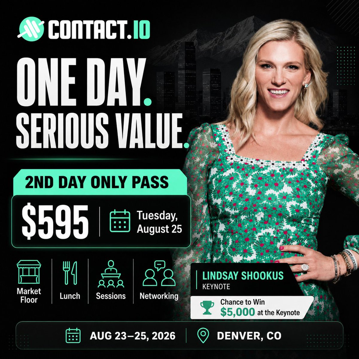 thecontactio's tweet photo. Can’t make the full event?

The 2nd Day Only Pass gives you access to Lindsay Shookus’ keynote, the Market Floor, lunch, sessions, networking, and a chance to win $5,000 for attendees at the keynote. https://t.co/9rZFwZKvc8