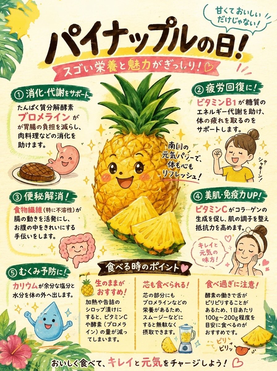 Spicakit3's tweet photo. #パイナップルの日 
これ知ってた？
「パイナップル」って、もともとは松ぼっくりの名前だったんだね。

pine（松）＋apple（果実）＝「松の果実」昔の英語ではappleが「果実全般」を指してて、最初は松ぼっくりをそう呼んでた。

でも新大陸から来たこの果物が、松ぼっくりにそっくりすぎたせいで 名前がまんま移っちゃった😳
甘くてジューシーなのに、由来は松ぼっくり。 知ると、見る目がちょっと変わるよね🍍
イラストは効能まとめてみたよ