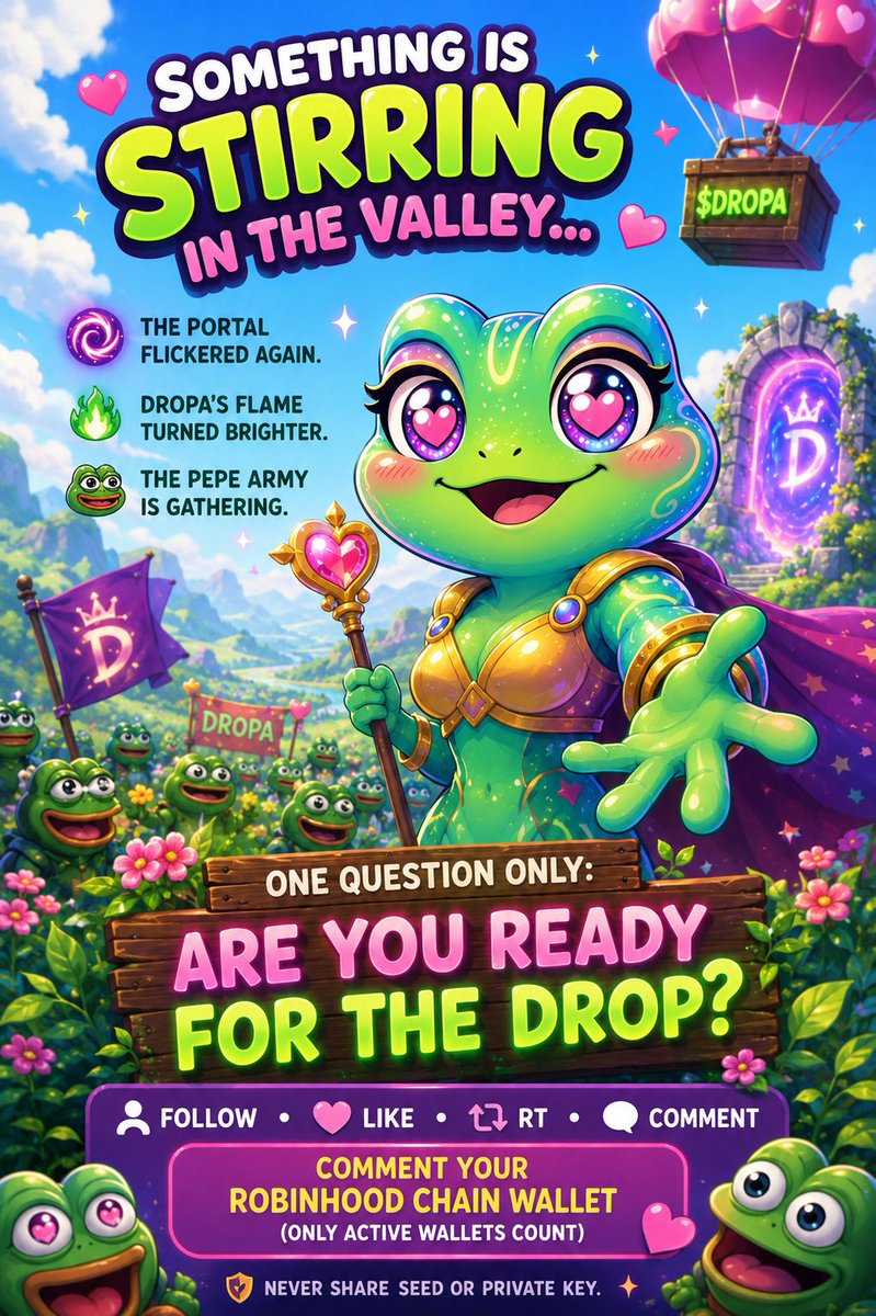dropaalpha's tweet photo. Something is stirring in the valley… 👁️🟢

The portal flickered again.  
Dropa’s flame turned brighter.  
The Pepe army is gathering.

One question only:

Are you ready for the drop?

$DROPA 🐸

Follow • Like • RT • Comment your Robinhood Chain wallet  
(Only active wallets count)

⚠️ Never share seed or private key.