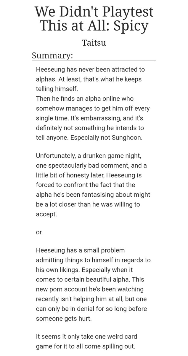 Taitsu_97's tweet photo. #HEEHOON AU

We Didn't Playtest This at All: Spicy

> Humor
> The card game
> Smut 🔞
> HS is an idiot
> It's fine cause he redeems himself

🔗 https://t.co/0MiHCuutBw

#sungseung #milk_carrot https://t.co/B9WTEDmz2S