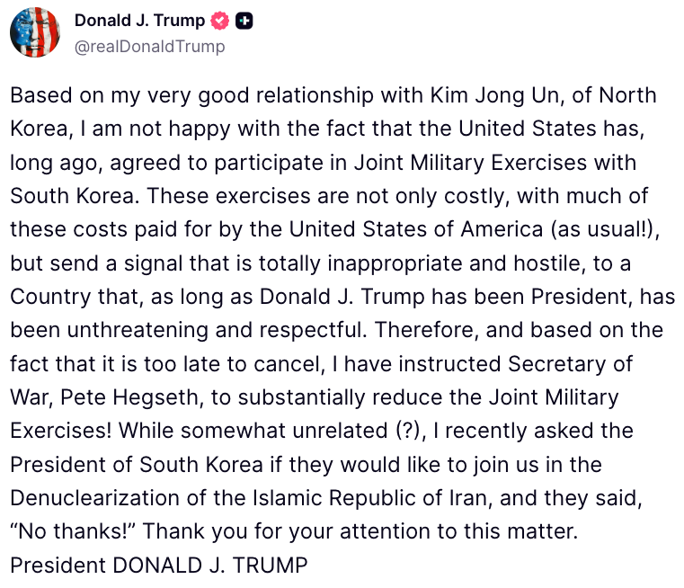 Mollyploofkins's tweet photo. Trump orders the US military to substantially reduce exercises with South Korea due to his "very good relationship" with North Korea's Kim Jong Un.

Trump says he is helping North Korea because South Korea refused to join his failed war against Iran. https://t.co/G0qmTDUHw0