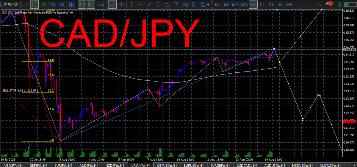 bonkuraii's tweet photo. 8月17日 CADJPY

大局は売り目線だが、H1はまだ上昇中。高値・安値切り上げが崩れるまで売らず待機。上昇構造が崩れたところからショートを狙う。 https://t.co/UmNAXwdABe