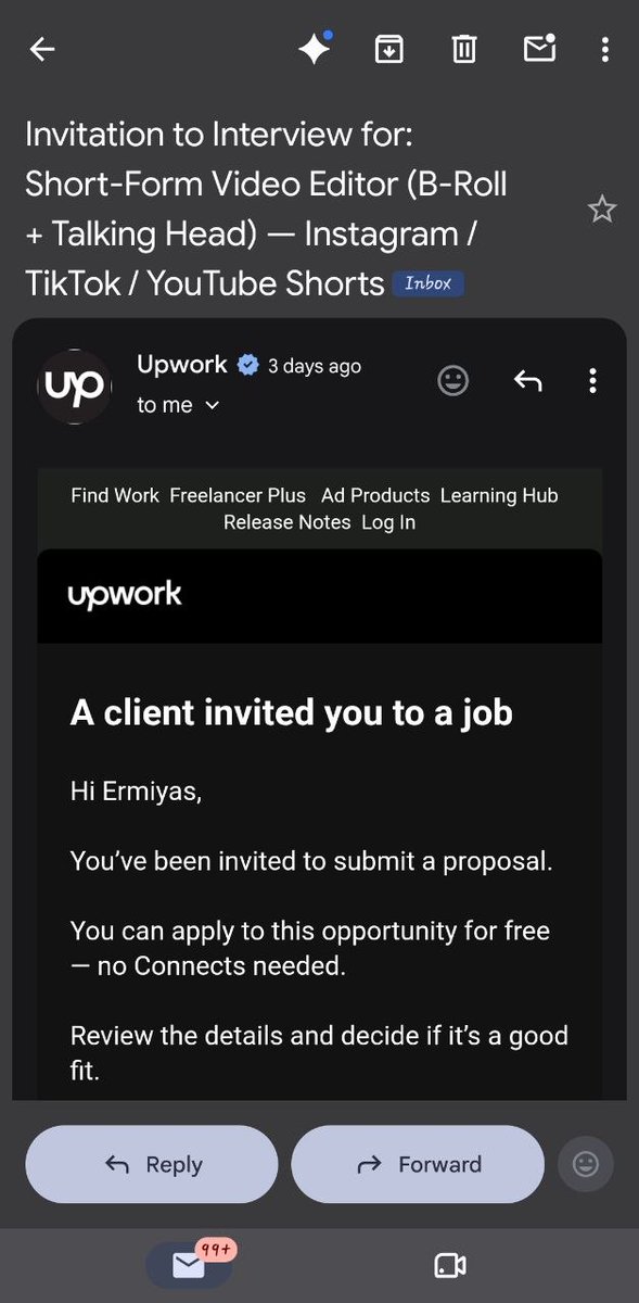 Ermonn_'s tweet photo. After weeks of getting no invites or direct

messages on my new Upwork account, I watched it, applied the advice, and got an invite in less than 5 minutes.

If you're struggling to get traction on Upwork, it's worth watching.

Huge credit to @delightfjohnson for sharing this. https://t.co/dYaYTcNm68