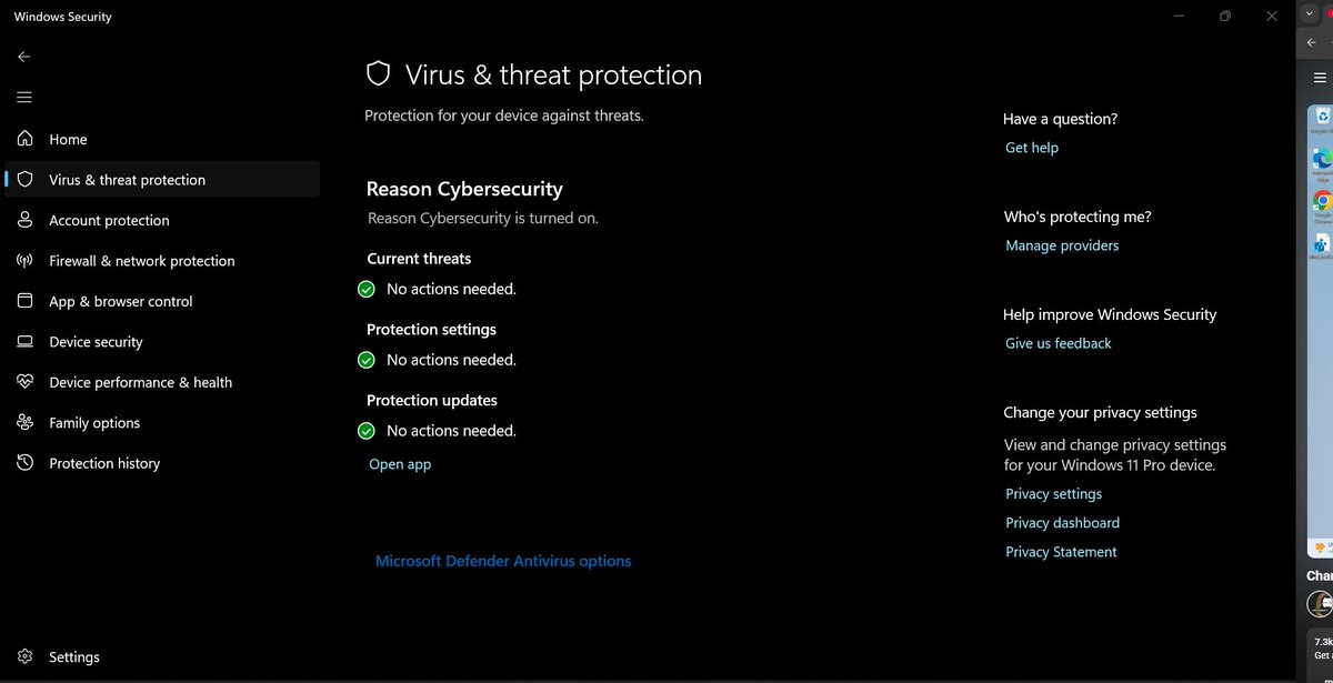 Cybergez's tweet photo. Just ran into this while following @NetworkChuck’s #WindowsFundamentals video.
His #WindowsDefender looked completely different from mine. I was missing half the settings he was showing. 🫤
After digging into it, I found out that RAV Endpoint Protection, which came pre-installed on my laptop, was taking over some of the antivirus functions and hiding the Defender options.
The suggested “fix”? Uninstall RAV.
And now I'm sitting here thinking:
So you want me to uninstall my laptop’s line of defence just to follow a tutorial? 🫤
Anyone else dealt with this? What did you do?