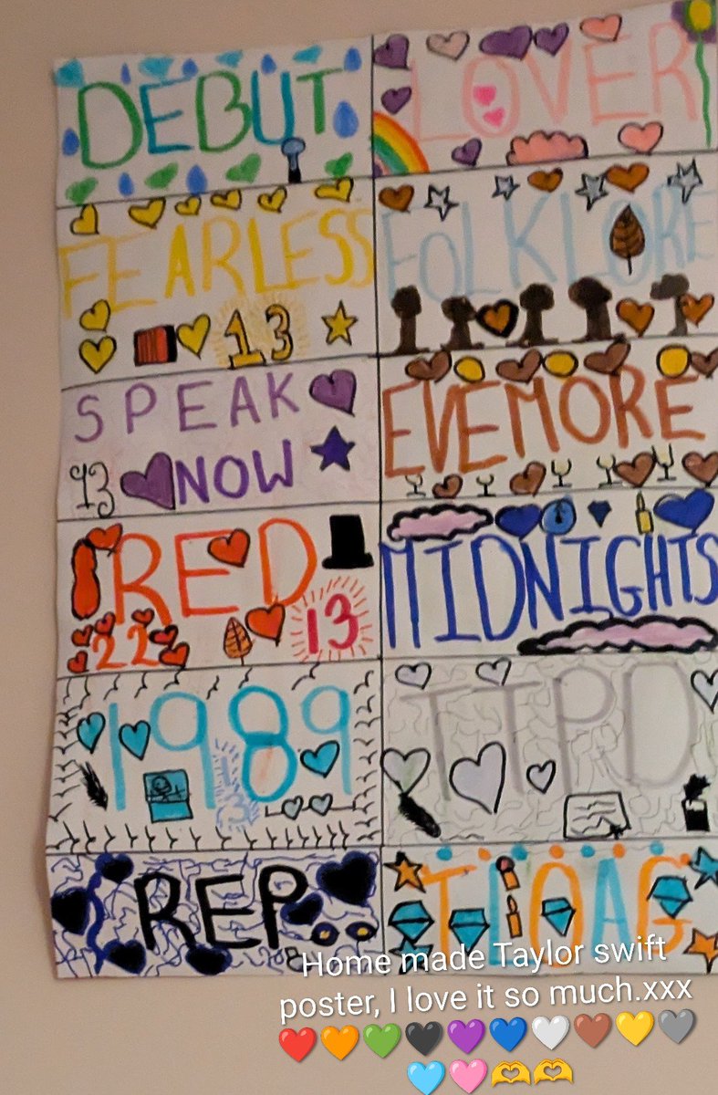 JessicaAngvo's tweet photo. New homemade Taylor swift poster💜💜💜🫶🫶🫶🩷🩵🩶🩶💙💙🖤💙💚🧡❤️ #taylorswift #DIY #diy #diytaylorswiftposter #alltheeras #tloas #erastour https://t.co/4YaIZqhPmR