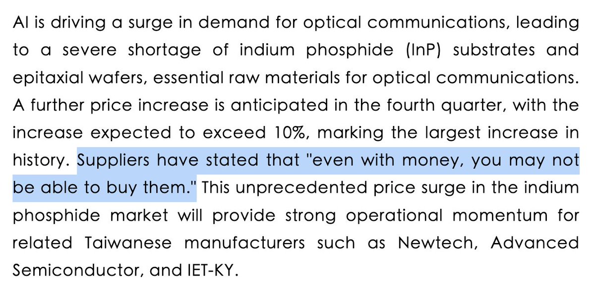 pequityresearch's tweet photo. InP shortage is getting worse as expected.

> A further price increase is anticipated in the fourth quarter, with the increase expected to exceed 10%, marking the largest increase in history. Suppliers have stated that "even with money, you may not be able to buy them."

> Industry insiders revealed that the price of indium phosphide substrates started to rise in the fourth quarter of last year and has been raised three times since then, now reaching a "fourth consecutive increase"; the epitaxial wafers made from the substrates have also increased in price twice, and are heading towards a "third consecutive increase" in the fourth quarter, which means that the market supply shortage is more severe than expected.

> Indium phosphide (IP) epitaxial wafers must be manufactured from IPP substrates, but upstream IPP substrate suppliers are constrained by policies and production capacity, and have so far been unable to meet market demand. Due to this supply-demand imbalance, prices have been rising steadily, with increases from the initial 3% to 5%, and the latest news indicates a potential surge of over 10%, the largest increase in history.

We need more InP...