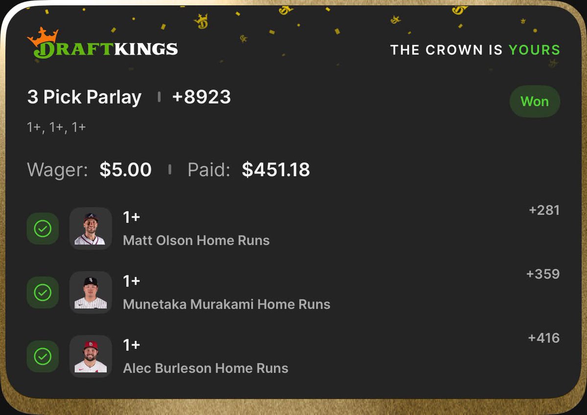 WiningPlaybook's tweet photo. THAT’S ANOTHER HR LAY TO END THE WEEK 💣💰

Alec Burleson X Matt Olson X Munetaka Murakami 

THIS RUN IS INSANE.
If you’re still not locked into the Twitch getting these FREE research backed plays, I really don’t know what to tell you anymore. 

We’re LIVE TWICE EVERY DAY:
🌙 12 AM EST Cooking up the next slate
☀️ 2 HOURS BEFORE GAMETIME Finalize Research + Making Plays

Everything gets researched and cooked up LIVE🤞🏽🖤
📺 https://t.co/a8a96iA5mO
📊 Data provided by @PropFinderApp
🎟️ Use code WP for 30% OFF