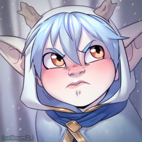 WorkinGremlin's tweet photo. I completely forgot to share this years ago. This is Snowball my grumpy but cute snow goblin, with horns. Art was done by the amazing and talented Tealinum. https://t.co/V6kWai5UZj