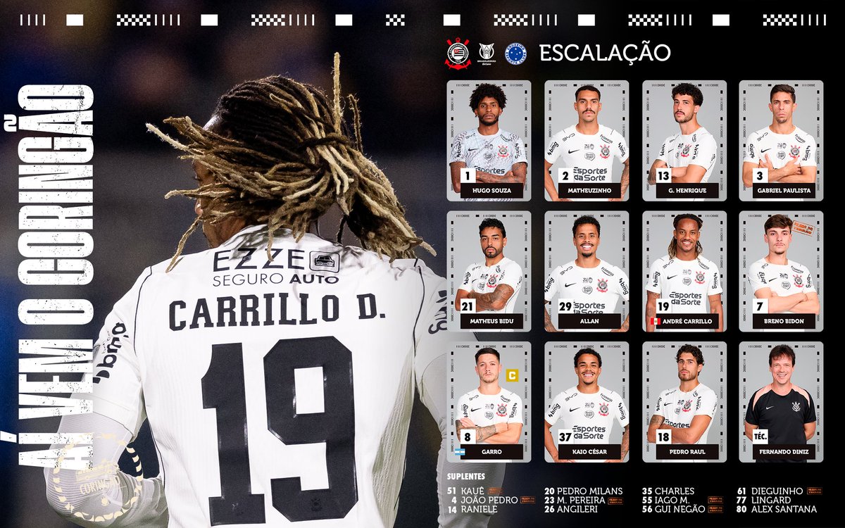 Corinthians's tweet photo. Esta é a escalação do Sport Club Corinthians Paulista para o duelo de logo mais. 📋

Garanta a sua camisa em 👉🏽 https://t.co/hZL172sXqZ

#SCCPxCRU
#VaiCorinthians https://t.co/21pR0LARth