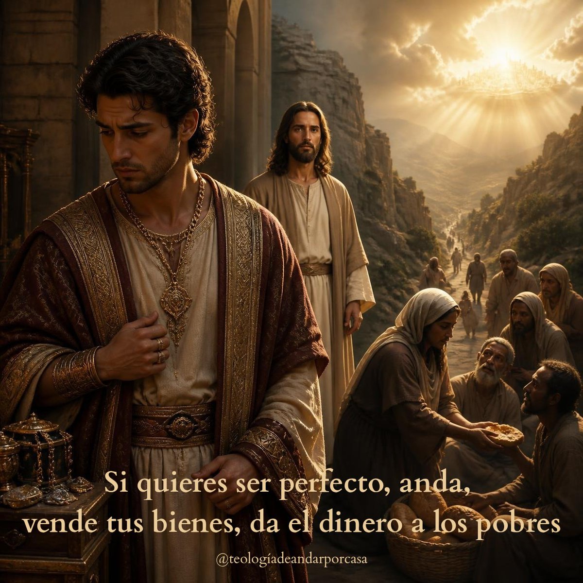 teologiadapc's tweet photo. «Si quieres ser perfecto, anda, vende tus bienes, da el dinero a los  pobres –así tendrás un tesoro en el cielo– y luego ven y sígueme».
Al oír esto, el joven se fue triste, porque era muy rico.
(Mt 19, 16-22) #EvangelioDelDía #PalabraDeDios #TiempoOrdinario https://t.co/MpHkyxLQ5z