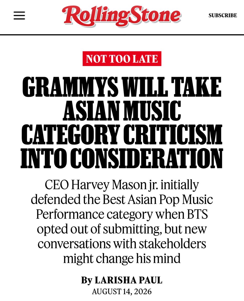 lemongukk's tweet photo. —NOT TOO LATE GRAMMYS WILL TAKE ASIAN MUSIC CATEGORY CRITICISM INTO CONSIDERATION

✰ While BTS did not explicitly call out the creation of the Best Asian Pop Music Performance category, their statement regarding their refusal to participate in next year’s show spoke specifically to their “hope that music can be heard and loved by itself rather than being divided by region or language.”

source: https://t.co/veMCZPwZgw
