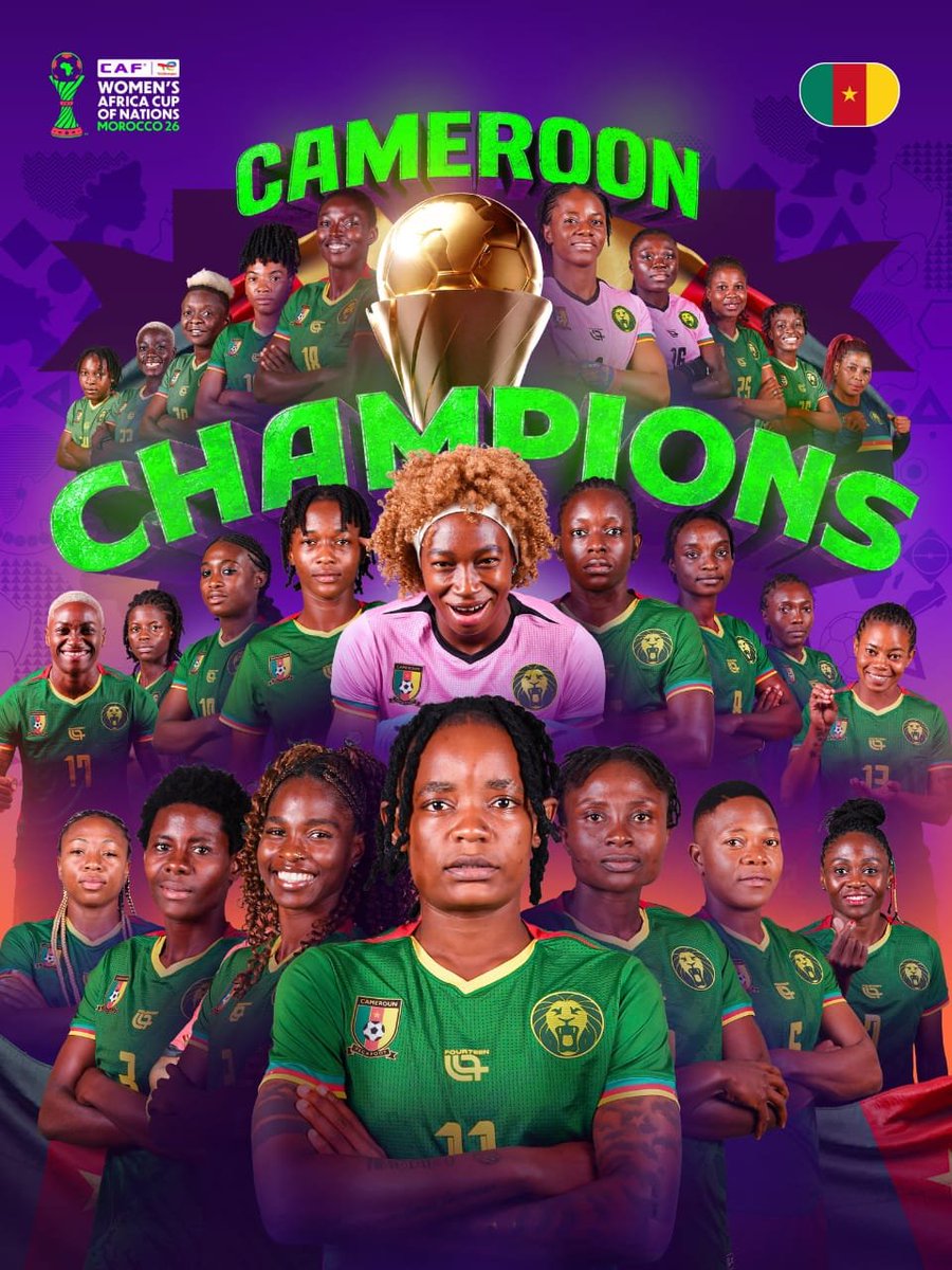 Kivu24R's tweet photo. #WAFCON2026

Cameroon 🇨🇲 yegukanye Igikombe cya Afurika 2026 itsinze Malawi 🇲🇼, kiba igikombe cya mbere yegukanye nyuma yo kugera ku mukino wa nyuma w'iri rushanwa inshuro eshatu, ikirata ((2004, 2014, na 2016)

FT 🇲🇼Malawi 0-3 Cameroon🇨🇲

#AfricanFootball https://t.co/vWhTeiOpaN