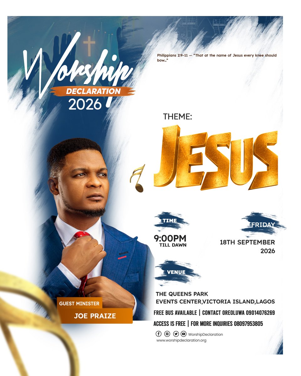 Worshipde's tweet photo. Yessss, Minister @joepraize_de_emperor would be live at worship DECLARATION 2026!!
Be there!!
.
#wd2026 #explorepage #worshipdeclaration #guestminister #joepraize #WorshipDeclaration2026 #jesus #JesusIsLord #JesusSaves #worship #worshipmusic #WorshipExperience #WorshipTogether https://t.co/v6S7vlBntM