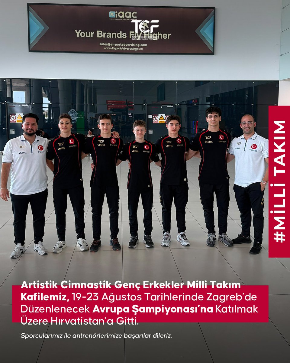 turkcimfed's tweet photo. Artistik Cimnastik Genç Erkekler Milli Takım kafilemiz, 19-23 Ağustos tarihlerinde Zagreb’de düzenlenecek Avrupa Şampiyonası’na katılmak üzere Hırvatistan’a gitti.

Kafilede milli sporcularımız; Kaan Göktekin, Deniz Şükrüoğlu, Arben Erdem Gümüşlü, Umut Örs ve Yiğit Emre Gök yer alıyor.

Sporcularımız ile antrenörlerimize başarılar dileriz. 🇹🇷