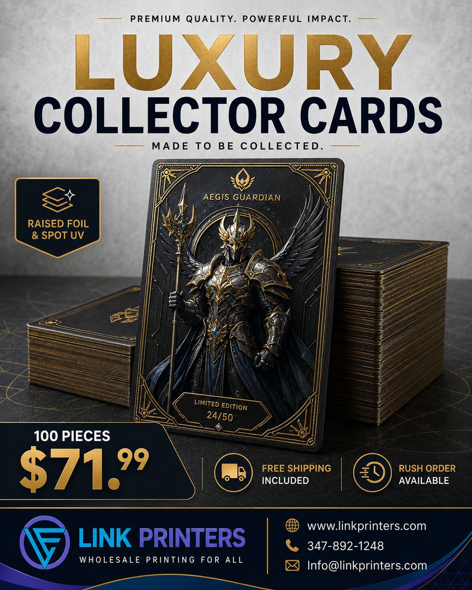 link_printers's tweet photo. Turn your artwork into a premium collector’s edition!

Visit: https://t.co/zcnBFJqdKc

#LuxuryCollectorCards #CustomTradingCards #RaisedFoil #SpotUV #CardCollectors #LimitedEdition #PremiumPrinting #CustomPrinting #TradingCards #LinkPrinters https://t.co/OwaIiZosPG
