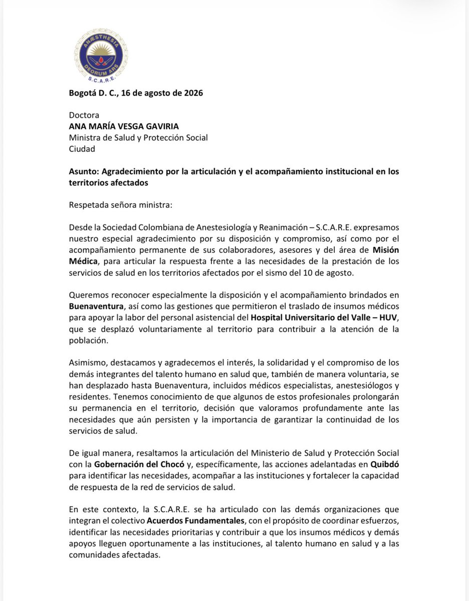 MinSaludCol's tweet photo. Agradecemos a la Sociedad Colombiana de Anestesiología y Reanimación – S.C.A.R.E. y a las organizaciones que integran Acuerdos Fundamentales por su solidaridad, disposición y compromiso con las comunidades y el talento humano en salud de las zonas afectadas por el sismo.

La articulación y el trabajo conjunto en Buenaventura, Quibdó y los demás territorios afectados son fundamentales para fortalecer una respuesta oportuna y garantizar la continuidad de los servicios de salud donde más se necesitan. 

Seguiremos sumando esfuerzos.
