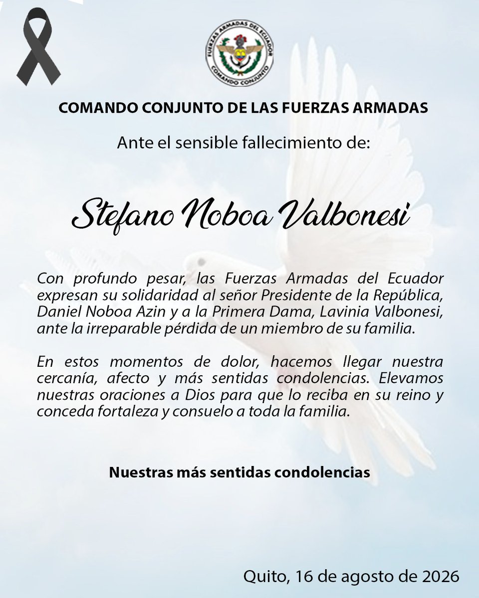 FFAAECUADOR's tweet photo. Con profundo pesar, las Fuerzas Armadas del Ecuador expresan su solidaridad al señor Presidente de la República, @DanielNoboaOk, y a la Primera Dama, @laviniavNoboa, ante la irreparable pérdida de un miembro de su familia.

Nuestras más sentidas condolencias. https://t.co/AeJckKUpjw