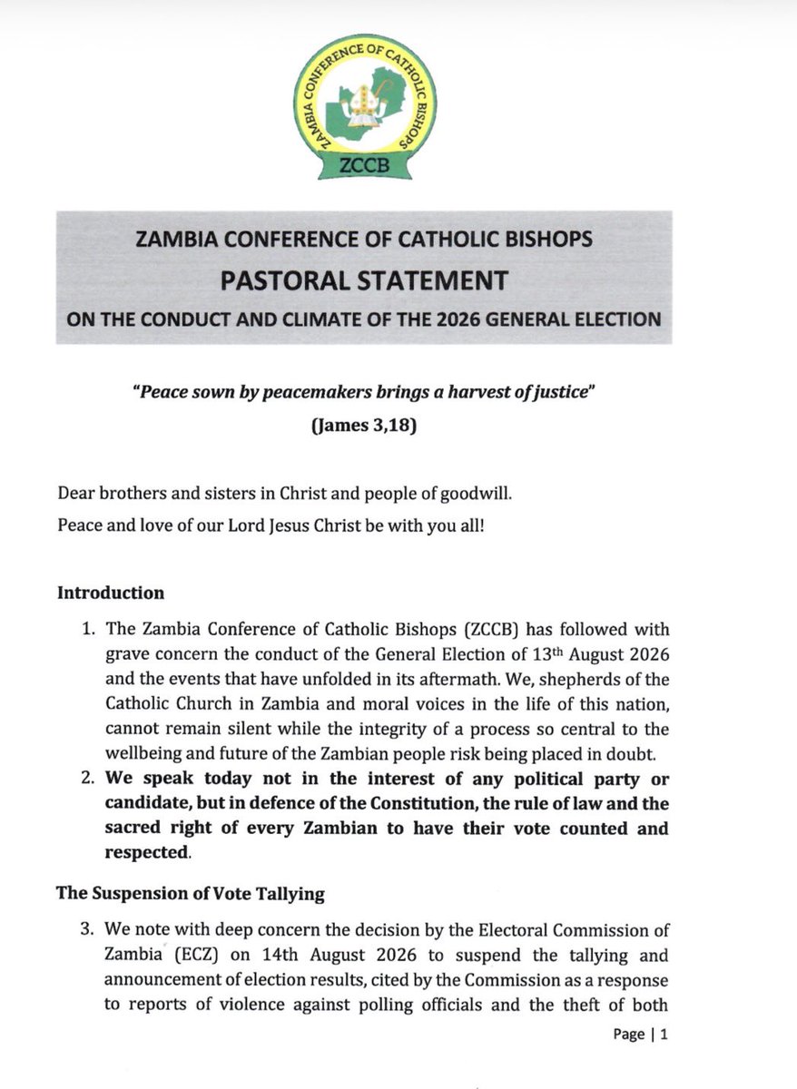zambianwhistle's tweet photo. ZAMBIA CONFERENCE OF CATHOLIC BISHOPS

​PASTORAL STATEMENT

​ON THE CONDUCT AND CLIMATE OF THE 2026 GENERAL ELECTION

​“Peace sown by peacemakers brings a harvest of justice”
​(James 3,18) #ZambiaDecides #ZambiaVotes https://t.co/iWJ5DVaB5P https://t.co/9pQDYvHEfP