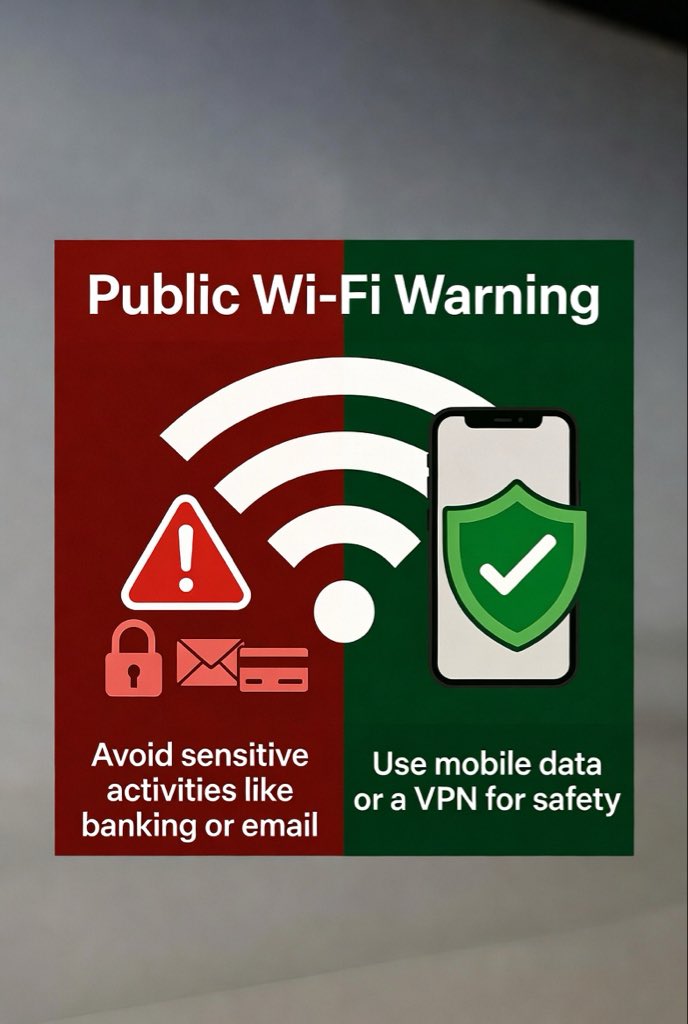 bunioxtech's tweet photo. Free public Wi-Fi is convenient… but risky.
Never log into banking or email on open networks. Use your mobile data or a simple free VPN when you must connect.
Stay safe in 10 seconds. Who’s been careful with this? 🔒” https://t.co/QIQRMUwuE8