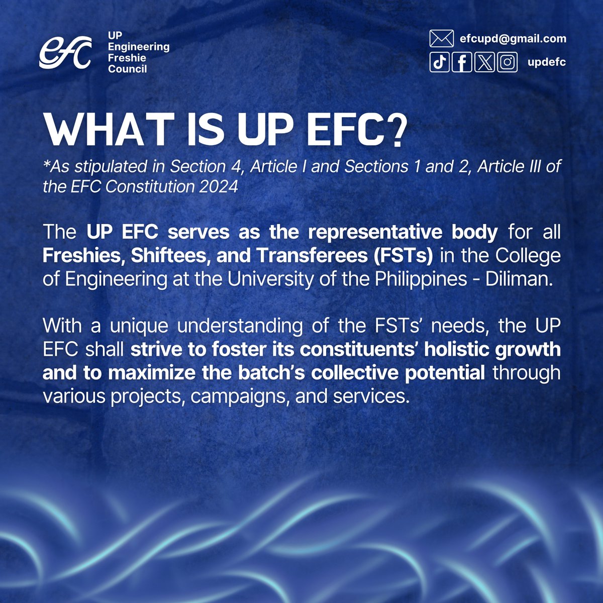 updefc's tweet photo. [𝐔𝐏 𝐄𝐅𝐂 𝐏𝐑𝐈𝐌𝐄𝐑]

𝗞𝗨𝗠𝗨𝗦𝗧𝗔, 𝗜𝗡𝗛𝗜𝗡𝗬𝗘𝗥𝗢 𝗡𝗚 𝗕𝗔𝗬𝗔𝗡? 🫡

Do you have what it takes to strengthen our visions for tomorrow? 🌱

Wanna know what the UP Engineering Freshie Council (EFC) does? What do we consist of? And what are each of our duties?

(1/n) https://t.co/4u6VX3as1n