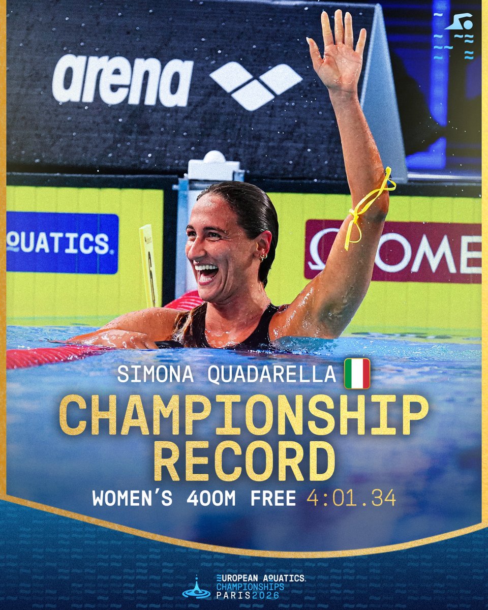 EuroAquatics's tweet photo. Simona Quadarella does a Freestyle triple in Paris, as she adds the 400 Free to her 800 and 1500 golds! 💙🇮🇹

#EuropeanAquatics #Swimming #Paris2026 https://t.co/zk2LEdvt4n
