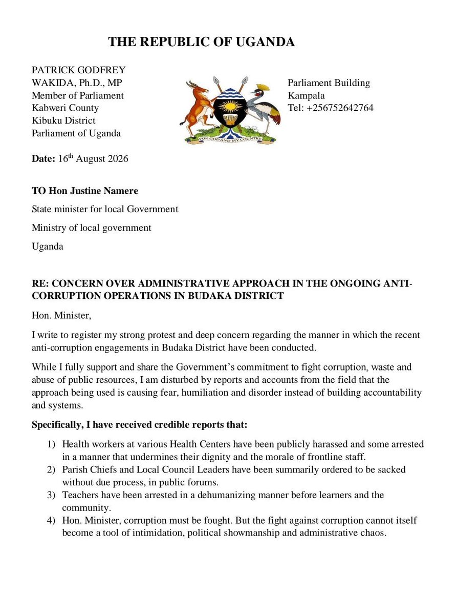 DrWakida's tweet photo. My letter to Hon. @JustineNameere to register my strong protest and deep concern regarding the manner in which the recent anti-corruption engagements in Budaka District have been conducted. 
#TimeToWork https://t.co/yCaBxdX9ST