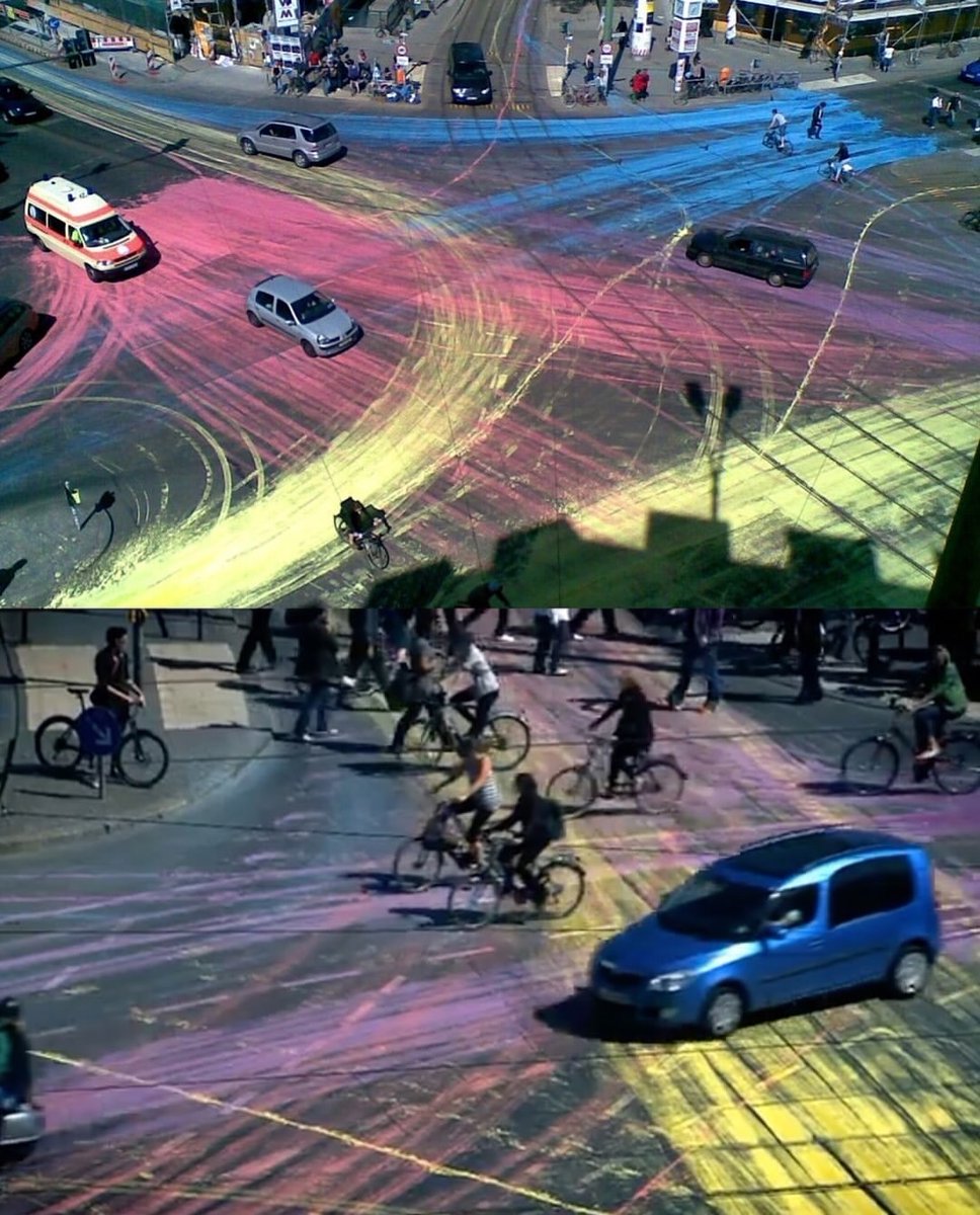 historyinmemes's tweet photo. In the early hours of an April morning in Berlin, artist IEPE and a group of collaborators transformed an ordinary intersection at Rosenthaler Platz into something completely unexpected.

Arriving by bicycle with buckets of brightly colored, water-based paint, they poured the colors across the asphalt before disappearing into the city. What happened next became part of the artwork as cars, bicycles, and pedestrians moved through the paint, constantly spreading and reshaping the colors.

The temporary installation turned the street into an ever-changing canvas, created by both the artists and the people passing through it. The non-toxic paint eventually washed away with the rain, but for a few hours, ordinary city life became a spontaneous act of collective art.