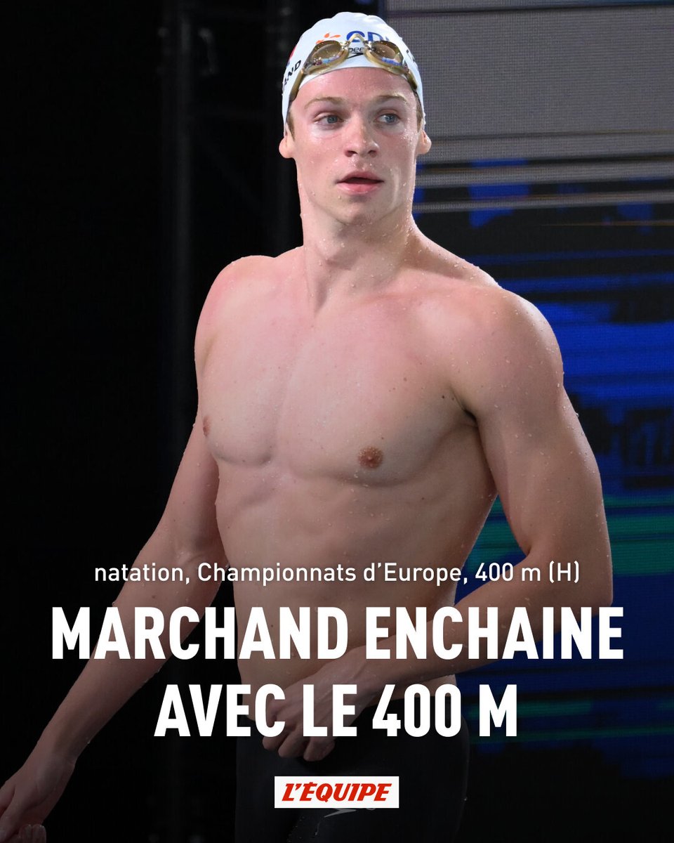 lequipe's tweet photo. Au lendemain de son titre sur 200 m papillon, Léon Marchand est devenu dimanche à Saint-Denis champion d'Europe sur 400 m nage libre en 3'43''14, une épreuve qu'il découvrait en grand Championnat.
➡️ https://t.co/q6cdOSwdpw https://t.co/I7lVSiWtub