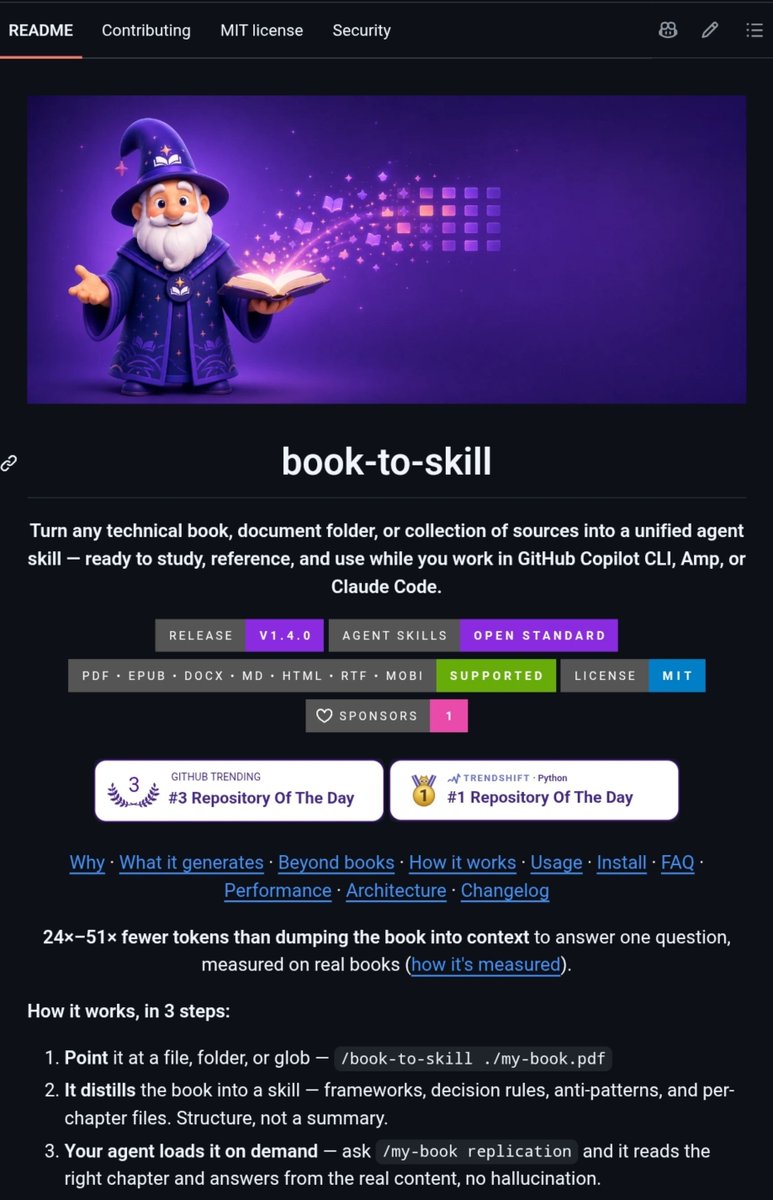 README screenshot from book-to-skill showing book sources being turned into an installable agent skill
